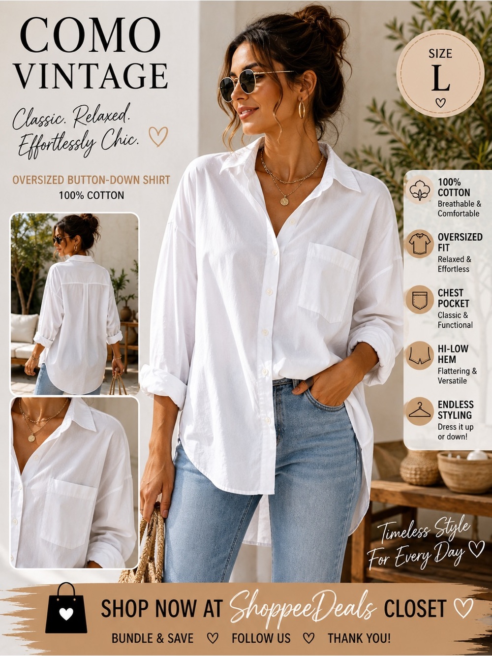 Como Vintage White Oversized Cotton Button-Down Shirt – Women’s Size Large